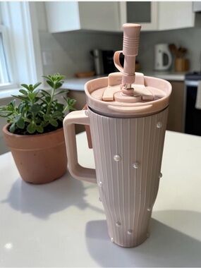 Wellness Pearl-Accented Pink Travel Tumbler with Handle